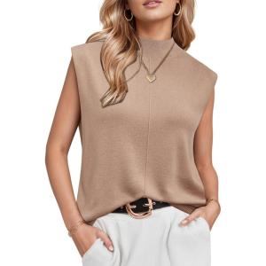 imageArachampCloz Womens Wool Blend Mock Neck Sweaters Vest Business Casual Lightweight Trendy Tops Summer Outfits 2026Khaki