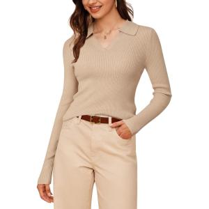 imageArachampCloz Womens Wool Blend Polo Sweater Shirt Business Casual Slim Fitted Fall Tops 2025Apricot
