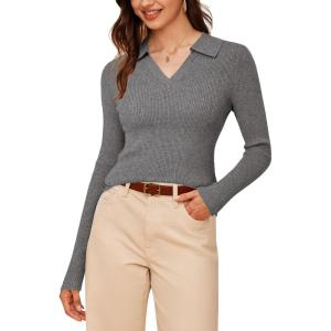 imageArachampCloz Womens Wool Blend Polo Sweater Shirt Business Casual Slim Fitted Fall Tops 2025Gray