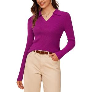 imageArachampCloz Womens Wool Blend Polo Sweater Shirt Business Casual Slim Fitted Fall Tops 2025Rose
