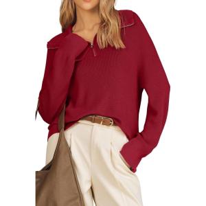imageArachampCloz Womens Wool Blend Quarter Zip Pullover Sweater Trendy Winter Soft Casual Lapel Oversized Fit TopBurgundy
