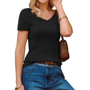 imageArachampCloz Womens Wool Blend Short Sleeve Sweater V Neck Lightweight Business Casual Outfits Spring Tops 2026Black