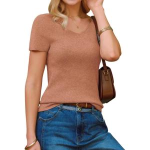 imageArachampCloz Womens Wool Blend Short Sleeve Sweater V Neck Lightweight Business Casual Outfits Spring Tops 2026Camel