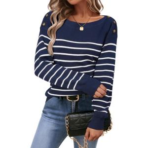imageArachampCloz Womens Wool Blend Striped Boat Neck Fall Dressy Casual Sweater Tops 2025Navy Blue and White