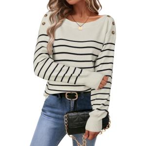 imageArachampCloz Womens Wool Blend Striped Boat Neck Fall Dressy Casual Sweater Tops 2025Off White and Black