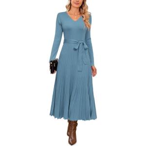 imageArachampCloz Womens Wool Blend Tie Waist Pleated Fall Sweater Dress 2025Blue
