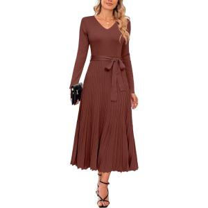 imageArachampCloz Womens Wool Blend Tie Waist Pleated Fall Sweater Dress 2025Brown Red