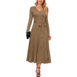 imageArachampCloz Womens Wool Blend Tie Waist Pleated Fall Sweater Dress 2025Camel