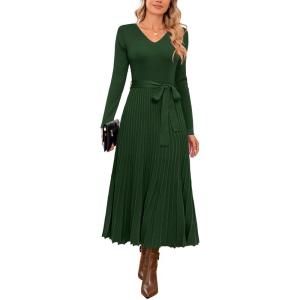 imageArachampCloz Womens Wool Blend Tie Waist Pleated Fall Sweater Dress 2025Dark Green