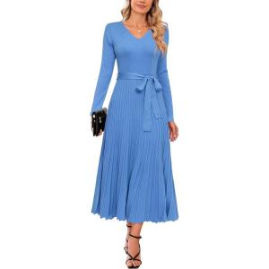 imageArachampCloz Womens Wool Blend Tie Waist Pleated Fall Sweater Dress 2025Lake Blue