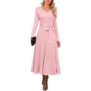 imageArachampCloz Womens Wool Blend Tie Waist Pleated Fall Sweater Dress 2025Pink