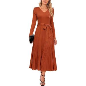 imageArachampCloz Womens Wool Blend Tie Waist Pleated Fall Sweater Dress 2025Rust