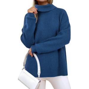 imageArachampCloz Womens Wool Blend Turtleneck Fall Winter Casual Ribbed Oversized Sweater Tops 2025Navy Blue
