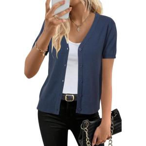 imageArachampCloz Womens Wool Blend Short Sleeve Lightweight Cardigan Business Casual Summer Sweaters TopsBlue