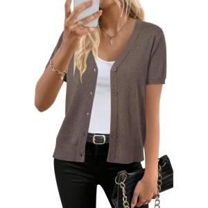 imageArachampCloz Womens Wool Blend Short Sleeve Lightweight Cardigan Business Casual Summer Sweaters TopsCoffee