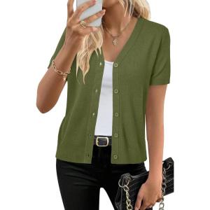 imageArachampCloz Womens Wool Blend Short Sleeve Lightweight Cardigan Business Casual Summer Sweaters TopsGrass Army Green