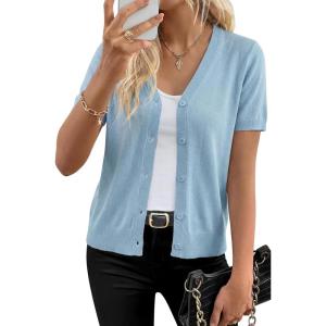 imageArachampCloz Womens Wool Blend Short Sleeve Lightweight Cardigan Business Casual Summer Sweaters TopsLight Blue