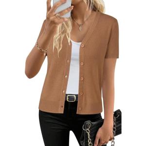 imageArachampCloz Womens Wool Blend Short Sleeve Lightweight Cardigan Business Casual Summer Sweaters TopsMocha Mousse