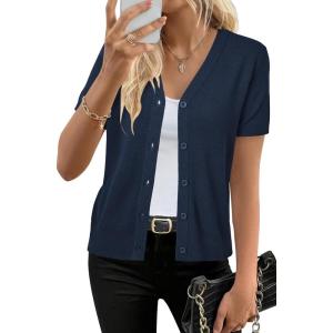 imageArachampCloz Womens Wool Blend Short Sleeve Lightweight Cardigan Business Casual Summer Sweaters TopsNavy