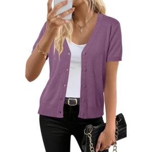imageArachampCloz Womens Wool Blend Short Sleeve Lightweight Cardigan Business Casual Summer Sweaters TopsPurple