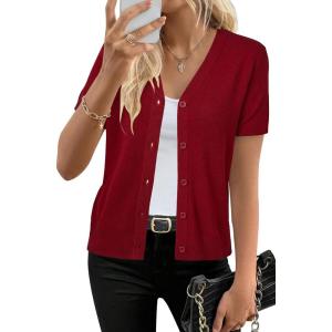 imageArachampCloz Womens Wool Blend Short Sleeve Lightweight Cardigan Business Casual Summer Sweaters TopsRed