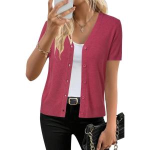 imageArachampCloz Womens Wool Blend Short Sleeve Lightweight Cardigan Business Casual Summer Sweaters TopsRuby Pink