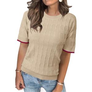 imageArachampCloz Womens Lightweight Blouse Short Sleeve Crew Neck Sweaters Business Casual Tops Spring Summer Outfits 2026Apricot and Dark Red