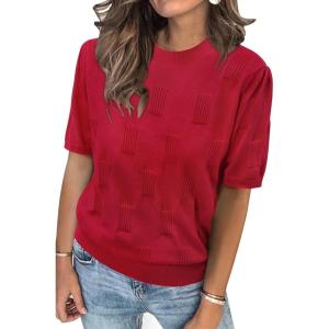 imageArachampCloz Womens Lightweight Blouse Short Sleeve Crew Neck Sweaters Business Casual Tops Spring Summer Outfits 2026Red
