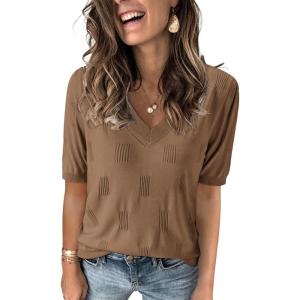 imageArachampCloz Womens Lightweight Spring Summer Sweater Tops Casual Short Sleeve Blouses ShirtsKhaki