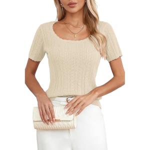 imageArachampCloz Women 2025 Spring Short Sleeve Square Neck T Shirts Knit Pullover Sweater Business Casual Dressy TopsBeige