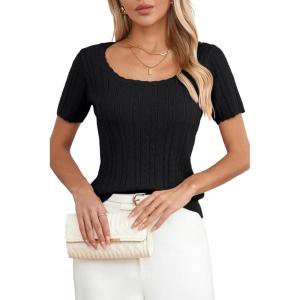 imageArachampCloz Women 2025 Spring Short Sleeve Square Neck T Shirts Knit Pullover Sweater Business Casual Dressy TopsBlack