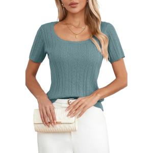 imageArachampCloz Women 2025 Spring Short Sleeve Square Neck T Shirts Knit Pullover Sweater Business Casual Dressy TopsGray Blue