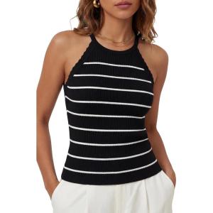 imageArachampCloz Womens Lyocell Blend Slim Fit Striped Casual Halter Tank Tops Summer 2026Striped Black White