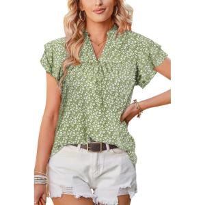 imageArachampCloz Womens Summer Tops Fashion 2023 Ruffle Short Sleeve V Neck Floral Dressy Casual Blouse ShirtsGreen Floral