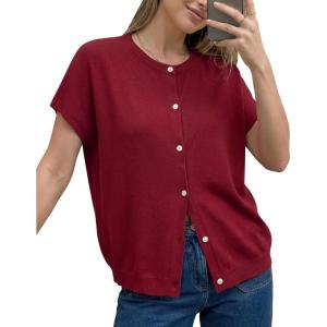 imageArachampCloz Womens Wool Blend Oversized Lightweight Cardigan Short Sleeve Summer Casual Sweaters TopsBurgundy