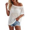 imageArachampCloz Womens Cotton Oversized Short Sleeve Sweater Crochet Tops Off Shoulder Resort Wear Beach Cover Up Summer 2026White