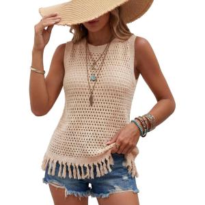 imageArachampCloz Womens 100 Cotton Crochet Fringe Boho Summer Sweater Vest Beach Cover UpsApricot