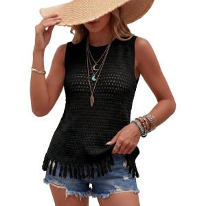 imageArachampCloz Womens 100 Cotton Crochet Fringe Boho Summer Sweater Vest Beach Cover UpsBlack