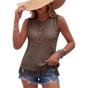 imageArachampCloz Womens 100 Cotton Crochet Fringe Boho Summer Sweater Vest Beach Cover UpsCoffee
