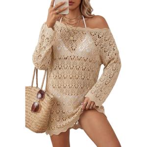 imageArachampCloz Womens 100 Cotton Oversized Swimsuit Cover Up Off Shoulder Boat Neck Breathable Beach Crochet Summer 2026Apricot
