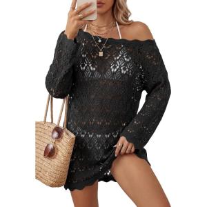 imageArachampCloz Womens 100 Cotton Oversized Swimsuit Cover Up Off Shoulder Boat Neck Breathable Beach Crochet Summer 2026Black