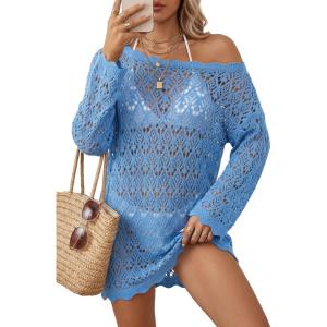 imageArachampCloz Womens 100 Cotton Oversized Swimsuit Cover Up Off Shoulder Boat Neck Breathable Beach Crochet Summer 2026Blue