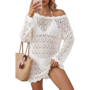imageArachampCloz Womens 100 Cotton Oversized Swimsuit Cover Up Off Shoulder Boat Neck Breathable Beach Crochet Summer 2026White