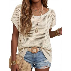 imageArachampCloz Womens Cotton Oversized Short Sleeve Sweater Crochet Tops Off Shoulder Resort Wear Beach Cover Up Summer 2026Beige