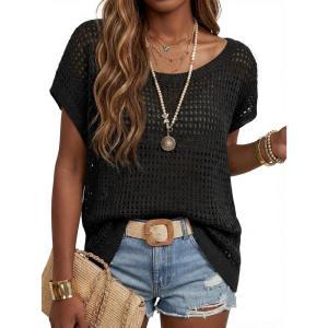 imageArachampCloz Womens Cotton Oversized Short Sleeve Sweater Crochet Tops Off Shoulder Resort Wear Beach Cover Up Summer 2026Black