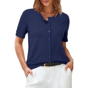 imageArachampCloz Womens Wool Blend Cropped Lightweight Short Sleeve Business Casual Cardigan TopsLight Navy