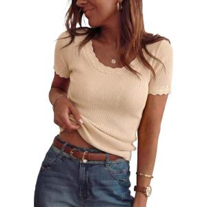 imageArachampCloz Womens 100 Cotton Short Sleeve Sweater Scoop Neck Lightweight Business Casual Outfits Spring Tops 2026Apricot