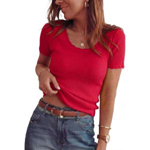 imageArachampCloz Womens 100 Cotton Short Sleeve Sweater Scoop Neck Lightweight Business Casual Outfits Spring Tops 2026Red