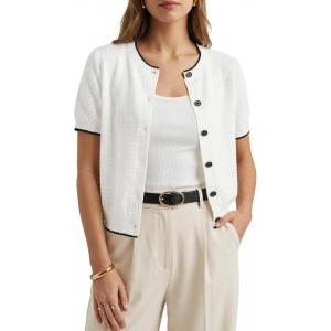 imageArachampCloz Womens 100 Cotton Cropped Short Sleeve Cardigan Sweaters Lightweight Tops Summer 2026Beige White