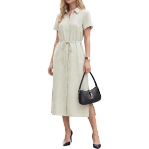 imageArachampCloz Womens Linen with Pockets Midi Summer Spring Shirt Dress 2026Beige